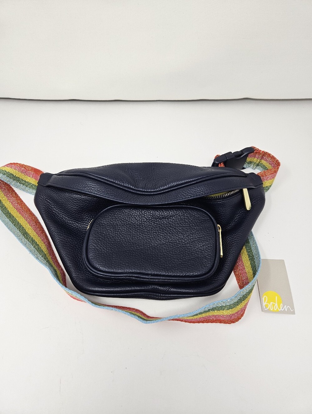 Boden Navy Blue Pebbled Leather Crossbody Belt Bag with Adjustable Rainbow Strap